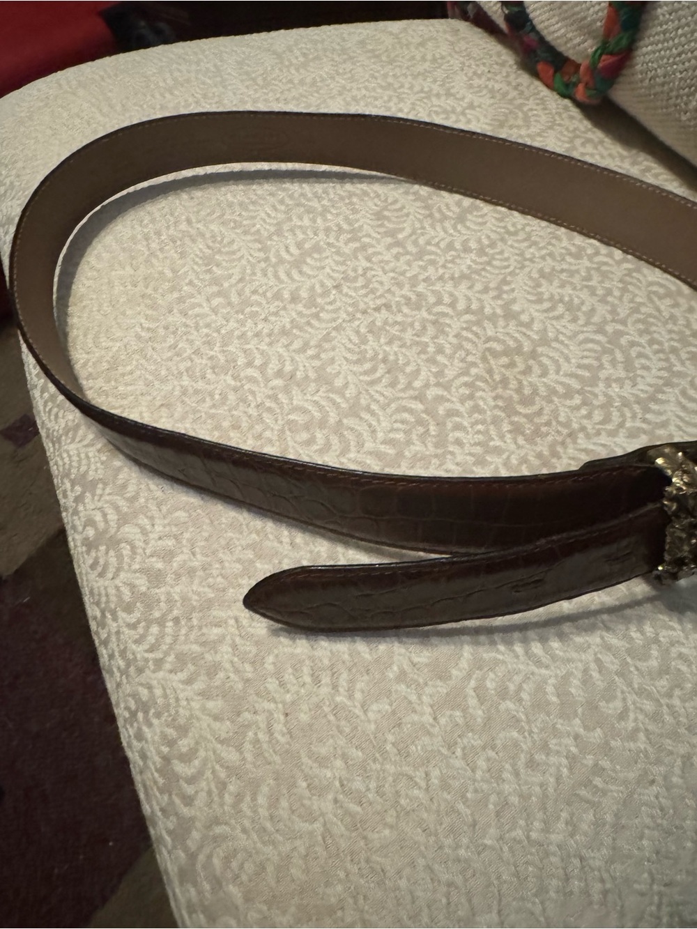 Talbots Brown Croc-Texture Leather Belt with Ornate Gold Leaf Buckle - Picture 2 of 4